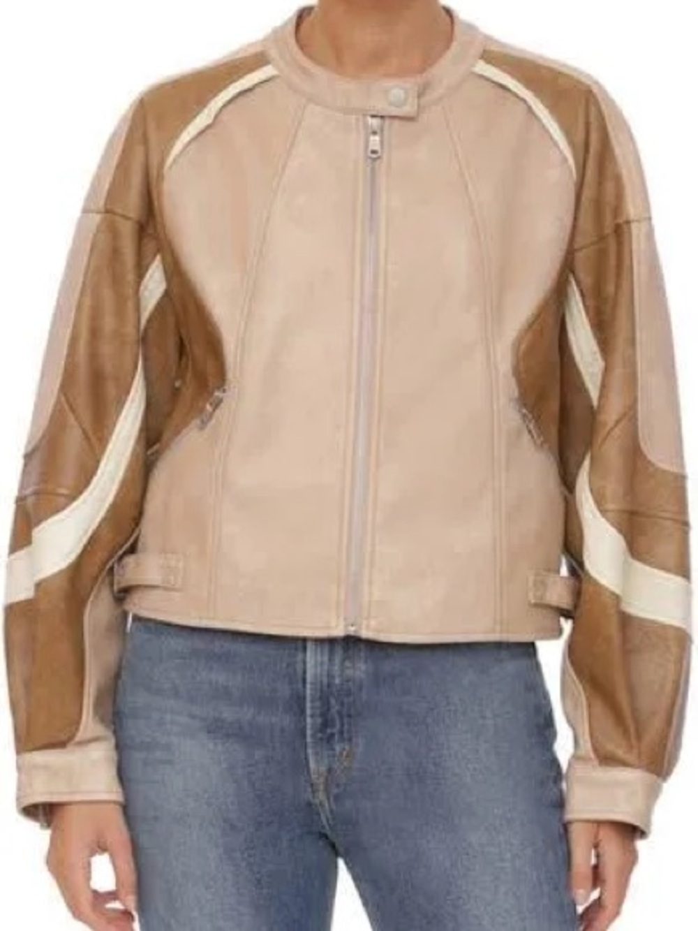 Avec Les Filles Women's Two-Tone Beige & Brown Panel Leather Jacket